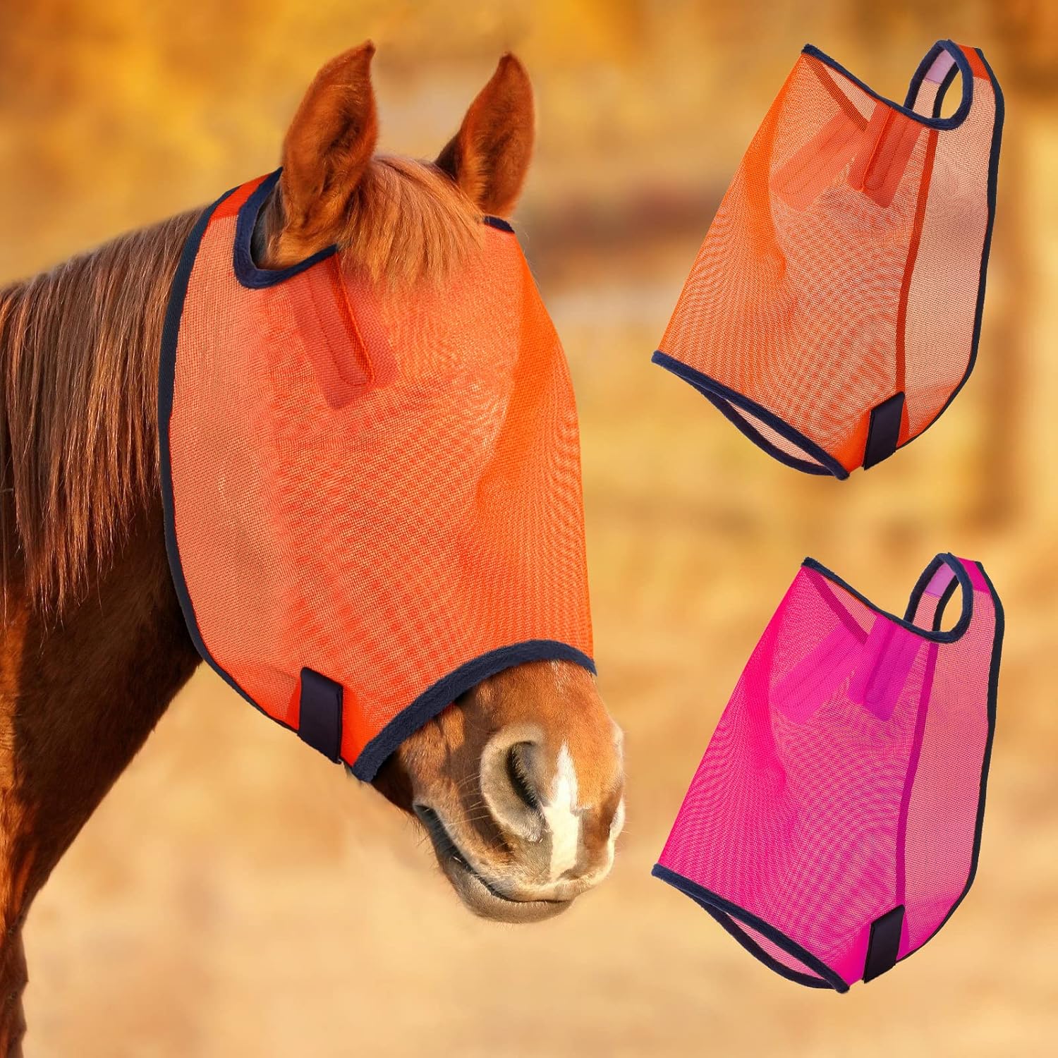 2 Pieces Horse Mask Protective Equine Mask Adjustable Comfort Horse Masks, L, Orange, Pink : Pet Supplies
