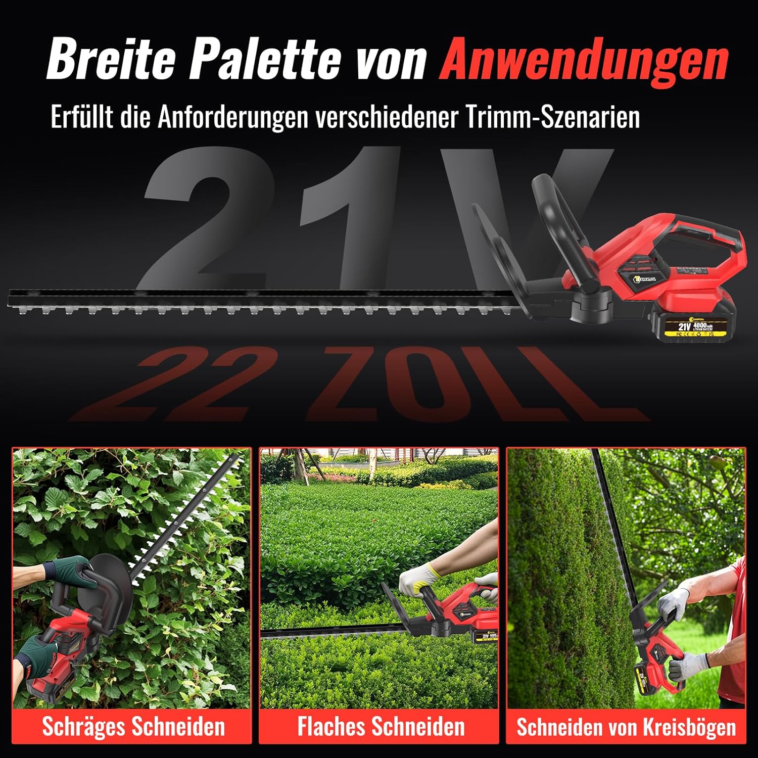 Examples of hedge trimming applications: slanted, flat, and curved cuts