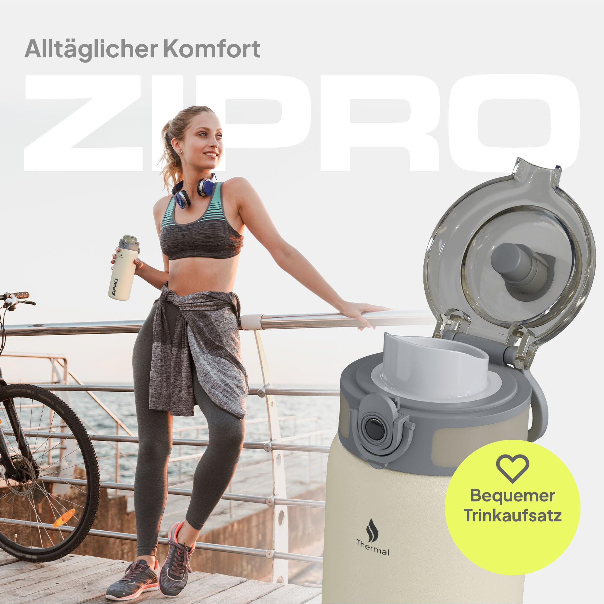 ZIPRO Tazza Termica Acciaio Inox 700ml Grande Borraccia Isolata con Maniglia Mantiene 12h Caldo 24h Freddo Ermetica Mug da Viaggio Outdoor per Campeggio e Sport - Beige