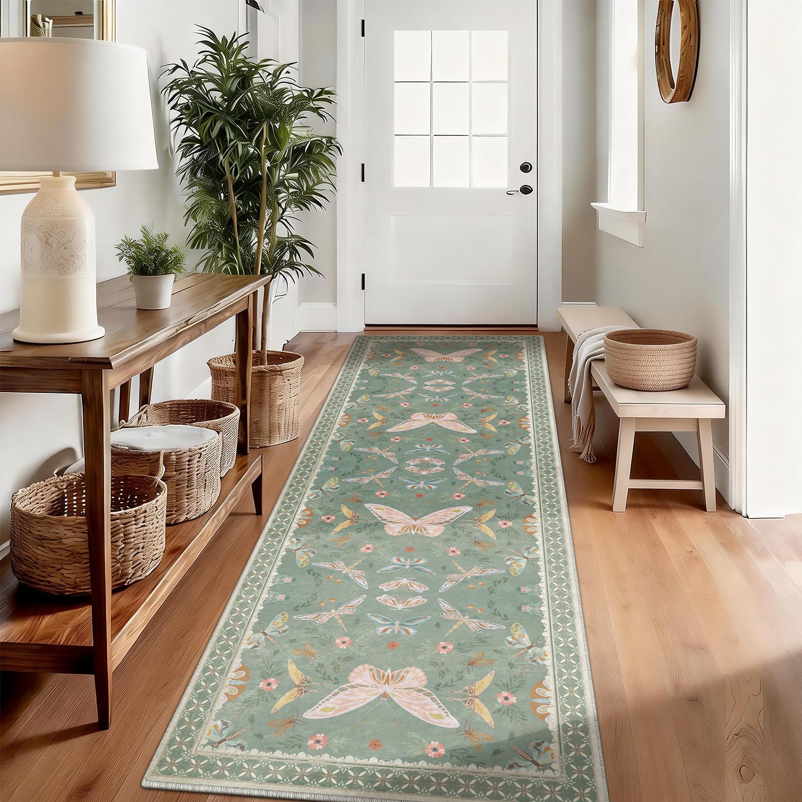 Runner Rug for Hallway, 60x180cm Butterfly Insect Low Pile Carpet, Non Slip Washable Area Mat for Bedroom Dorm Teen Kitchen Entryway Utility Beside Sofa Office, Sage Green