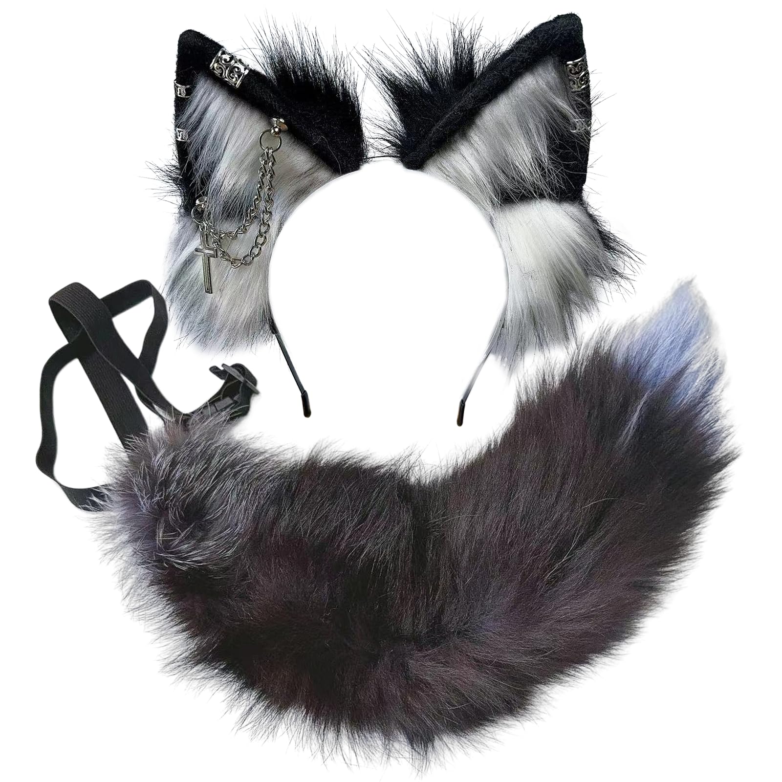 Ekwikzz Wolf Ears Tail Set Fox Wolf Headbands Clips Fluffy Cosplay Costumes, Gothic Punk Accessories for Halloween: Si Cross Bl Bu