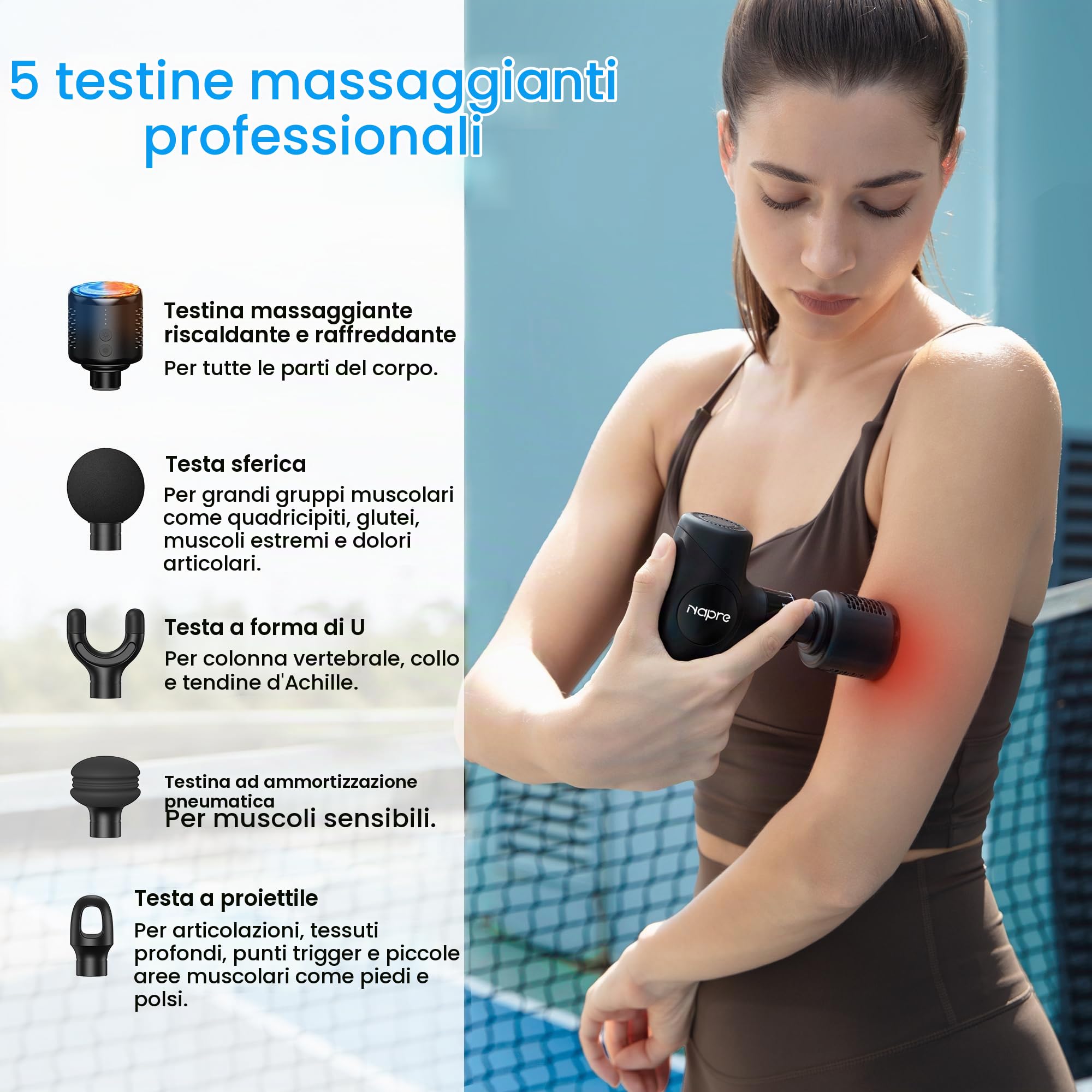 Pistola Massaggio Muscolare NAPRE Mini Pistola Massaggiante a Percussione con Testina Caldo e Freddo,Massage Gun,Massaggiatore Muscolare Profondo con Impugnatura Staccabile,Silenzioso,5 Testine