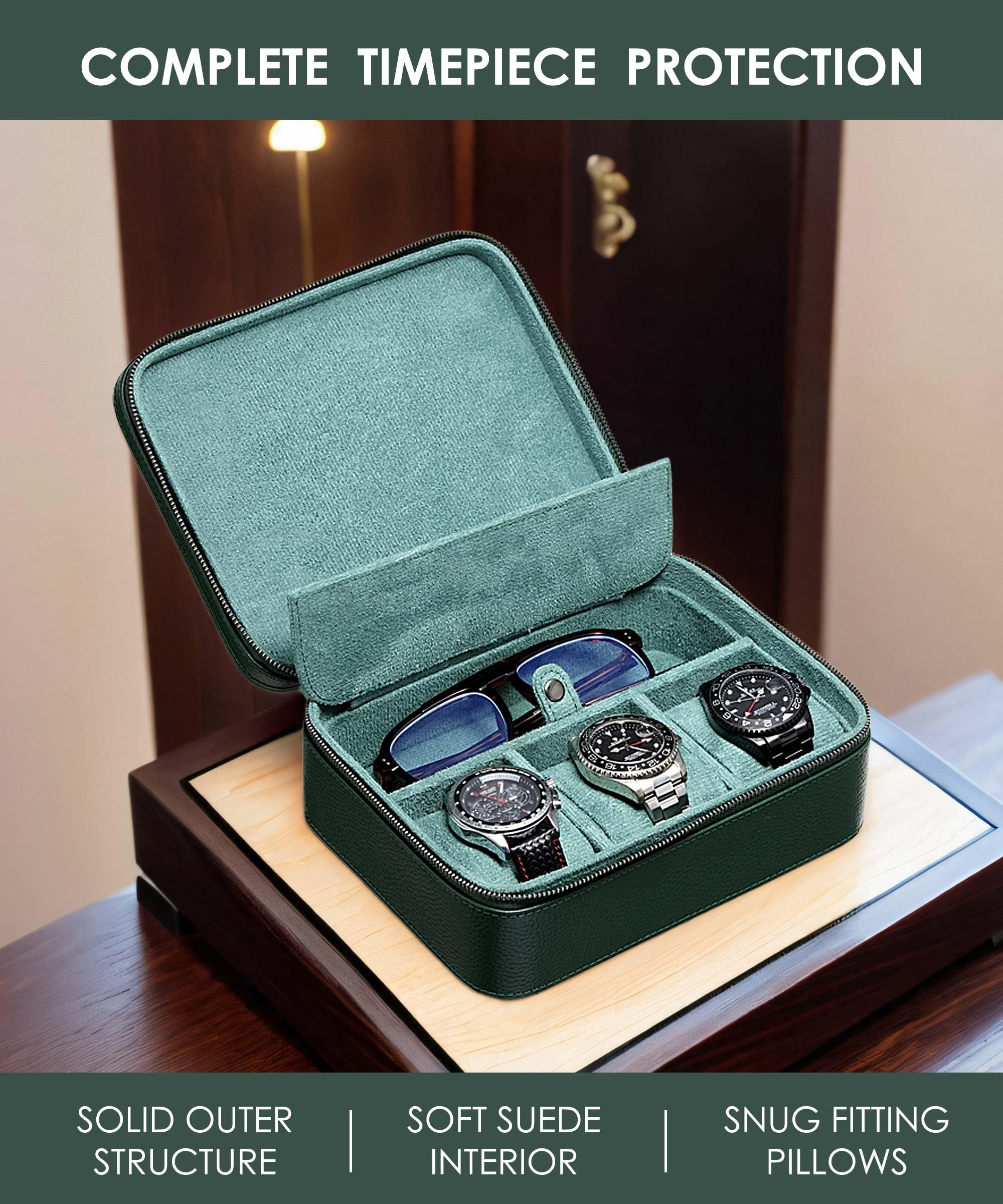 Caja de cuero auténtico para hombre, estuche de viaje con compartimento para gafas, bolsa de transporte de piel auténtica granulada para 3 relojes, rollo de viaje, cremallera (verde)