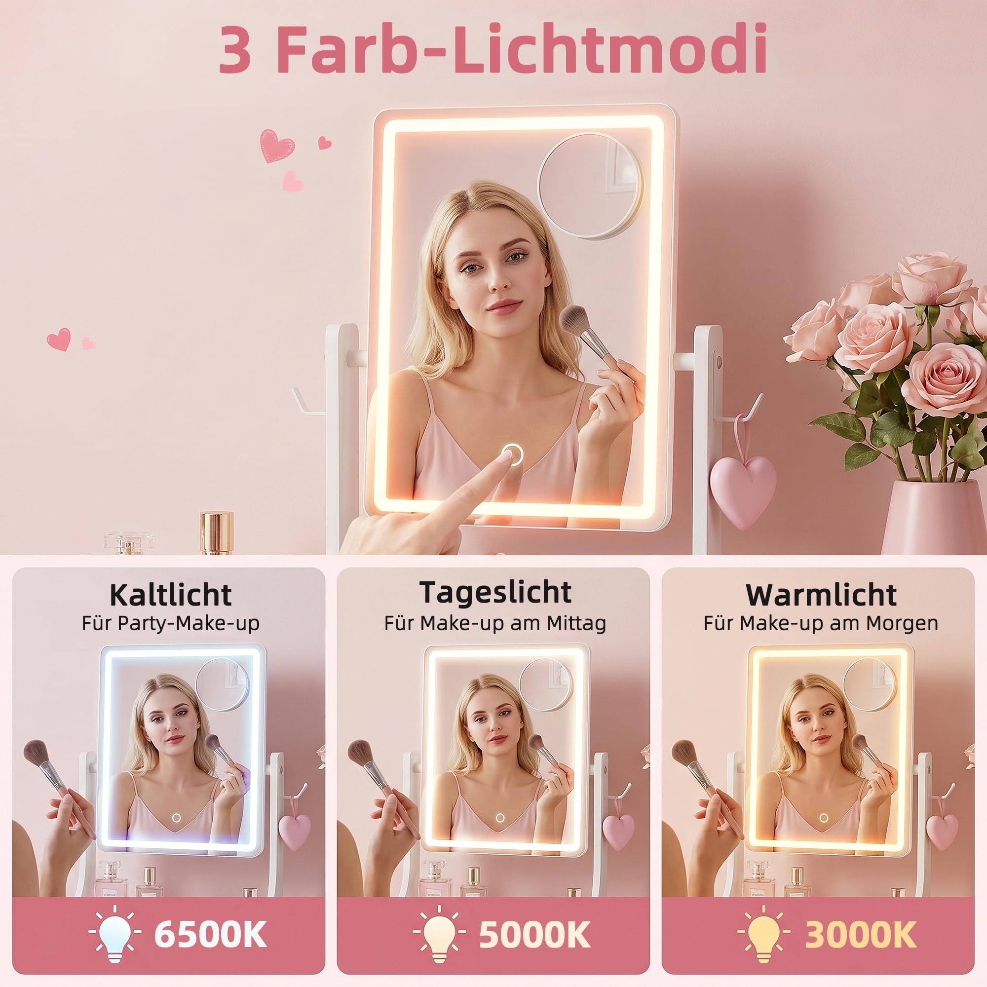 Schminkspiegel mit Beleuchtung, Make-up Organizer, 32 x 66 cm | 360° drehbarer Kosmetikspiegel, 5-fach Vergrößerungsspiegel mit Licht, höhenverstellbar, Tischspiegel & Schminktisch Spiegel