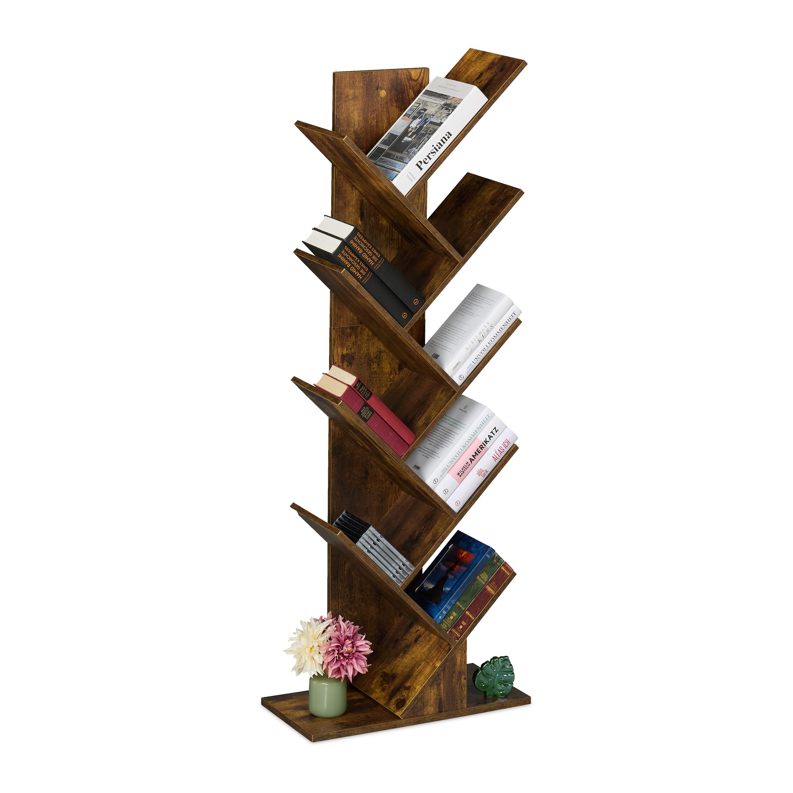 Relaxdays Tree Bookshelf, 9-Tier Bookcase, HWD: 138 x 51 x 25 cm, Storage for Books & CDs, Free-Standing Shelves, Brown, Fibreboard