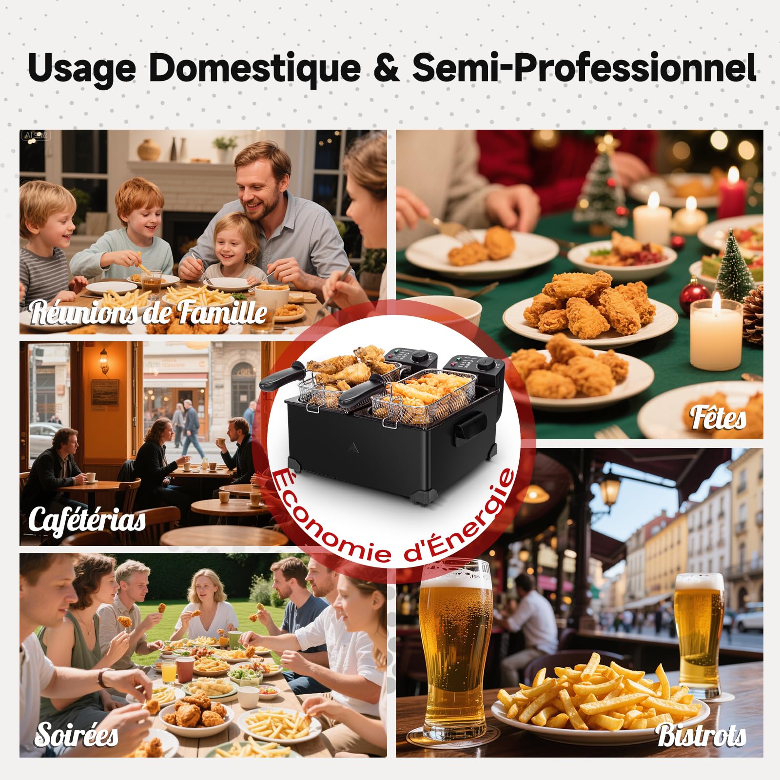 Aigostar Feast - Friteuse à double cuve indépendantes 0% BPA. 3600W, capacité totale 6L : 2 x 3L. 2 thermostats, 2 couvercles avec filtres et fenêtres et 2 paniers. Entièrement démontable.