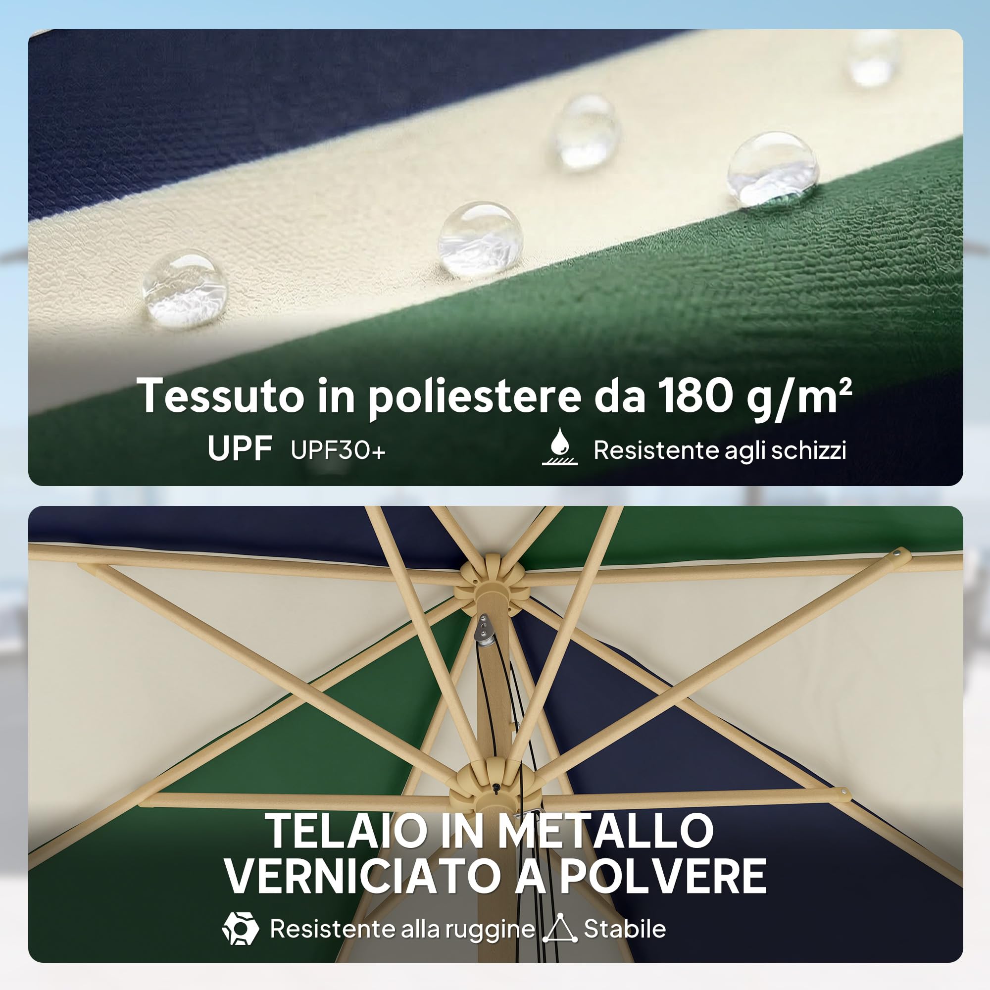 Outsunny Ombrellone da Giardino 8 Stecche UV 30+ Patio Verde Scuro e Crema | Telaio Effetto Legno, Tettuccio a Blocchi di Colore, Ombrellone da Esterno, Terrazzo, Balcone