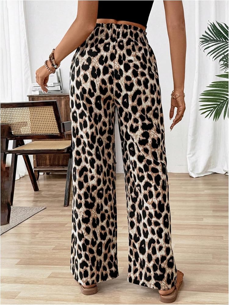 パンツ LEOPARD PRINT WIDE STRAIGHT PANTS WDIRARA Women's Leopard Print Drawstring Waist Wide Leg Pants