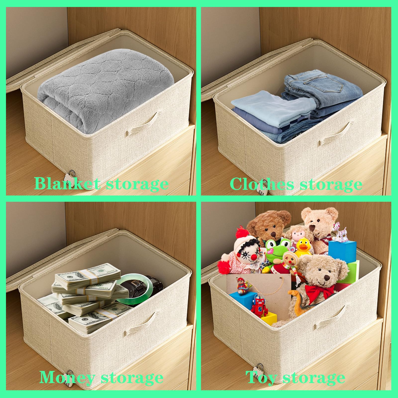 Scatola con serratura, 2 pezzi, scatola richiudibile, scatola pieghevole con lucchetto, contenitore in tessuto beige con coperchio, scatola richiudibile per giocattoli, vestiti, snack, 30 x 20