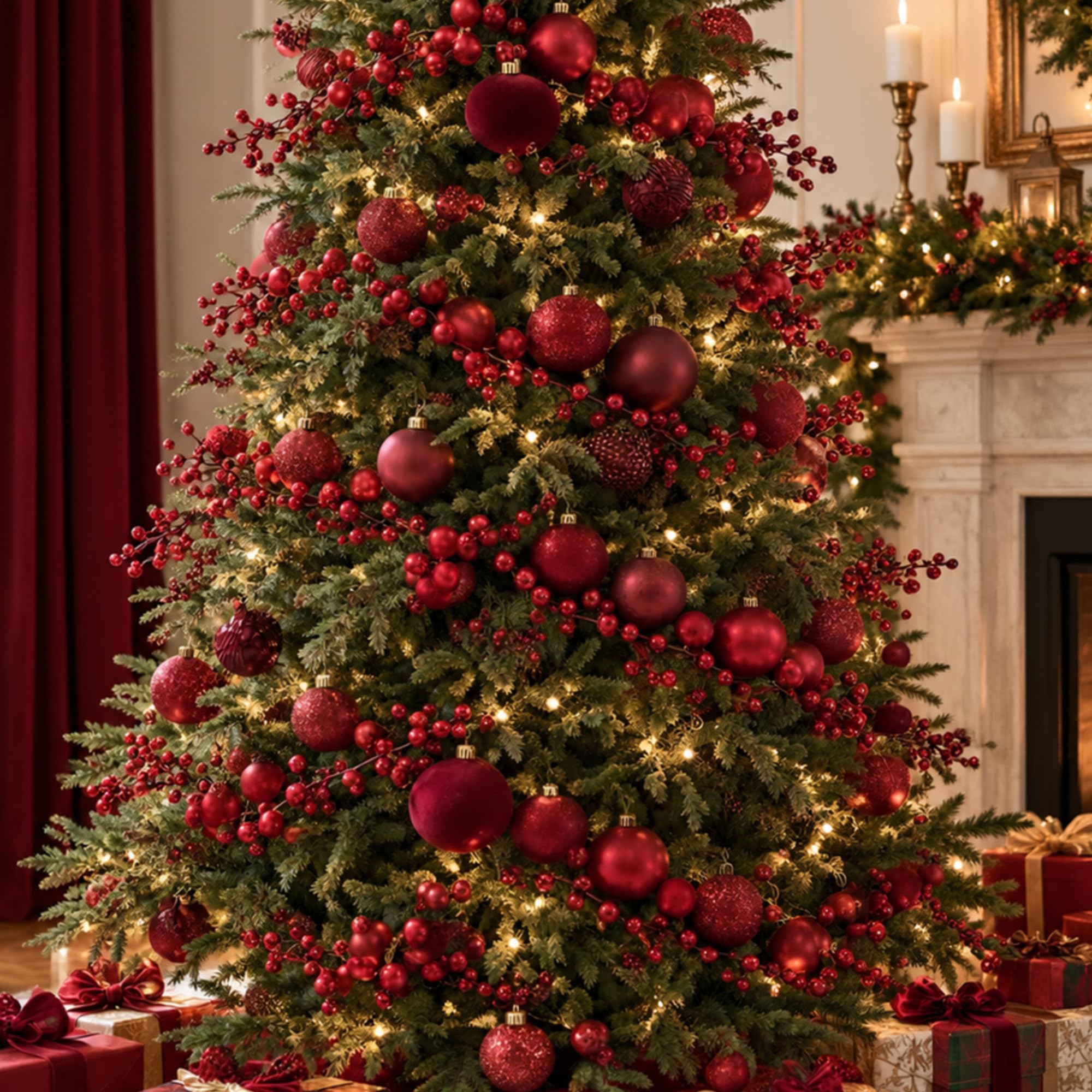 Yunlly Weihnachtsgirlande mit roten Beeren, 2,4 m x 2,1 m, Burgunderrot, 2 Stück