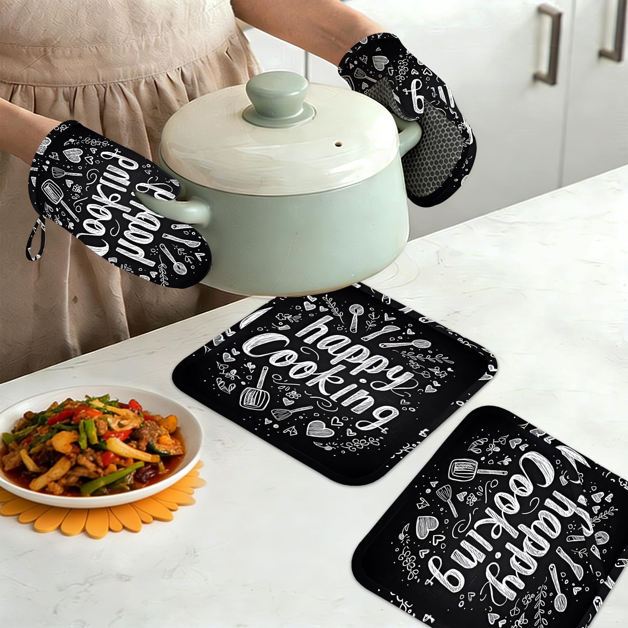 Happy Cooking - Juego de 4 manoplas de horno y soportes para ollas, guantes de cocina resistentes al calor con silicona antideslizante para hornear, cocinar, barbacoa