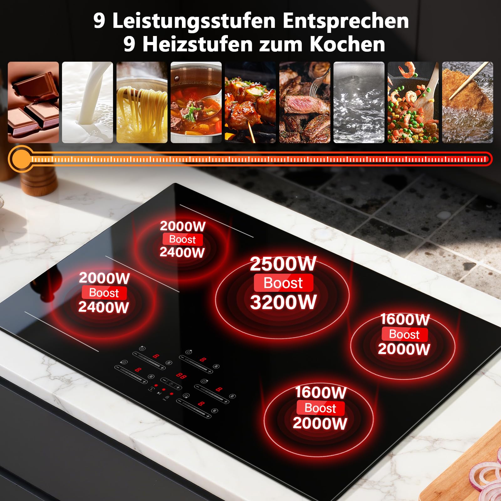 Induktionskochfeld 77 cm mit 5 Platten & 1 Flexzone, 9500 W, 9 Leistungsstufen mit Booster-Funktion, Touch-Slider-Bedienung, Timer 1-99 Min, Einbau-Kochfeld