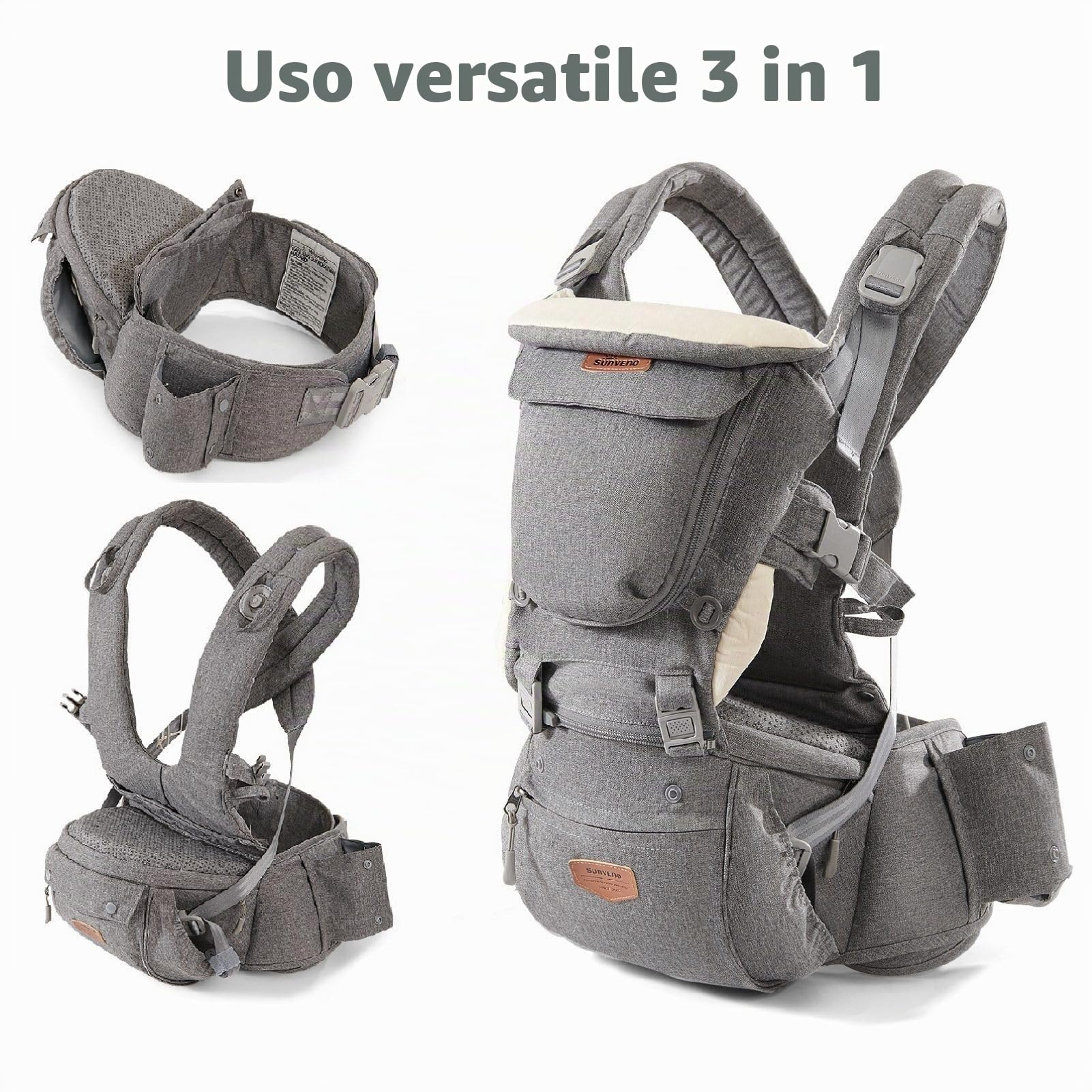 SUNVENO Marsupio Ergonomico/trasporto Bambini 3 In 1 - Marsupio Neonato Regolabile E Traspirante, Marsupio Con Seggiolino/marsupio Con Sedile Anca, 0-36 Mesi, 0-20 Kg（Nero）