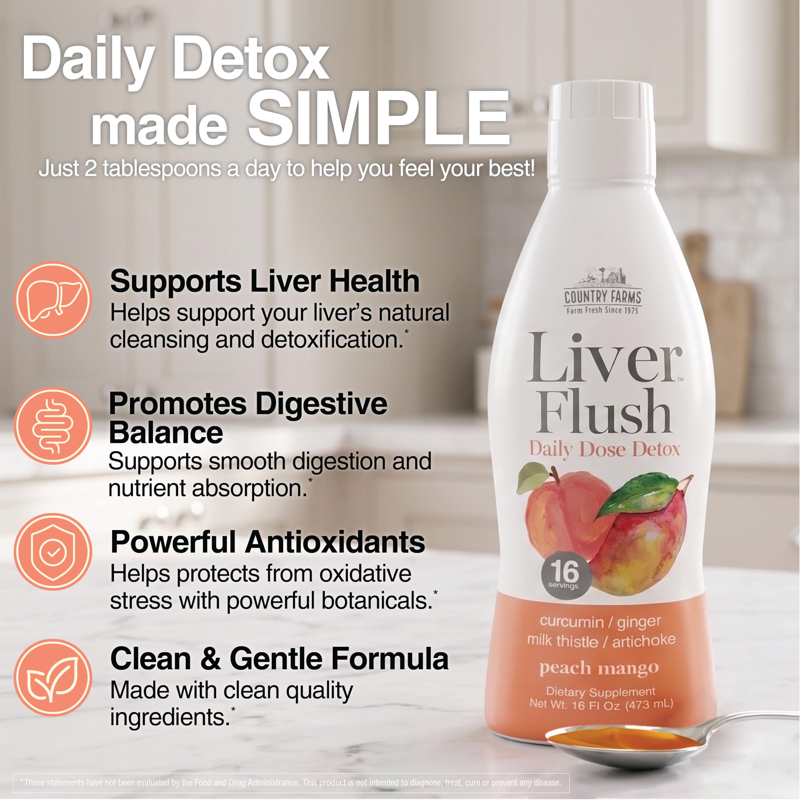 Country Farms Liver Flush Daily Dose Detox Liquid Supplement – Peach Mango Flavor – Liver & Digestive Support with Milk Thistle, Artichoke, Ginger, Turmeric & Organic Inulin Fiber, 16 Fl Oz — Amazon image 6