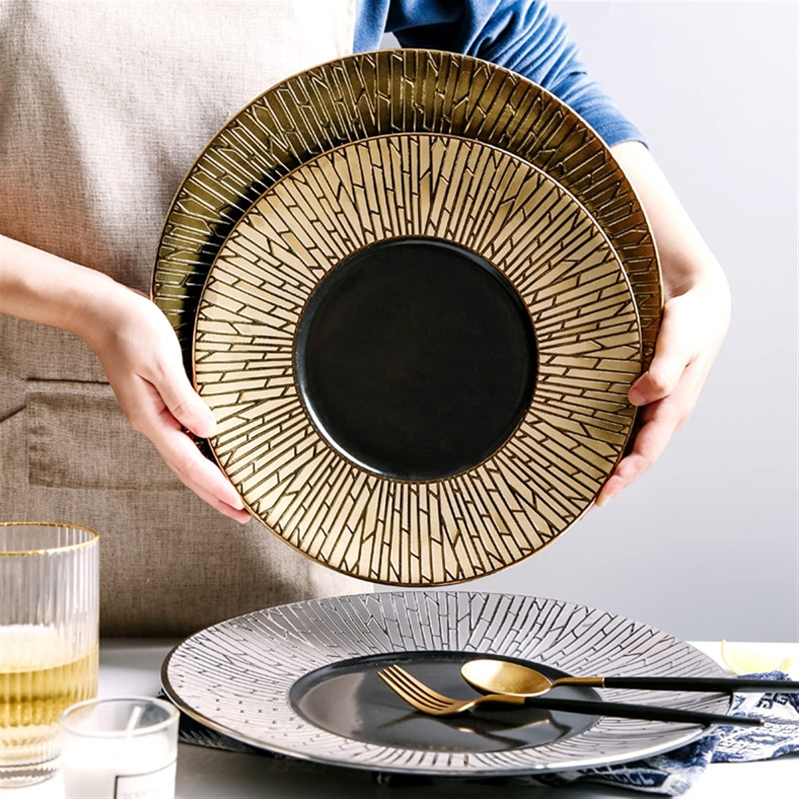 Talerz obiadowy Wysokiej jakości ceramiczny talerz obiadowy w kolorze złota i srebra, zestaw talerzy do steków, artystyczna koncepcja, kreatywne naczynie restauracji hotelowej(11)