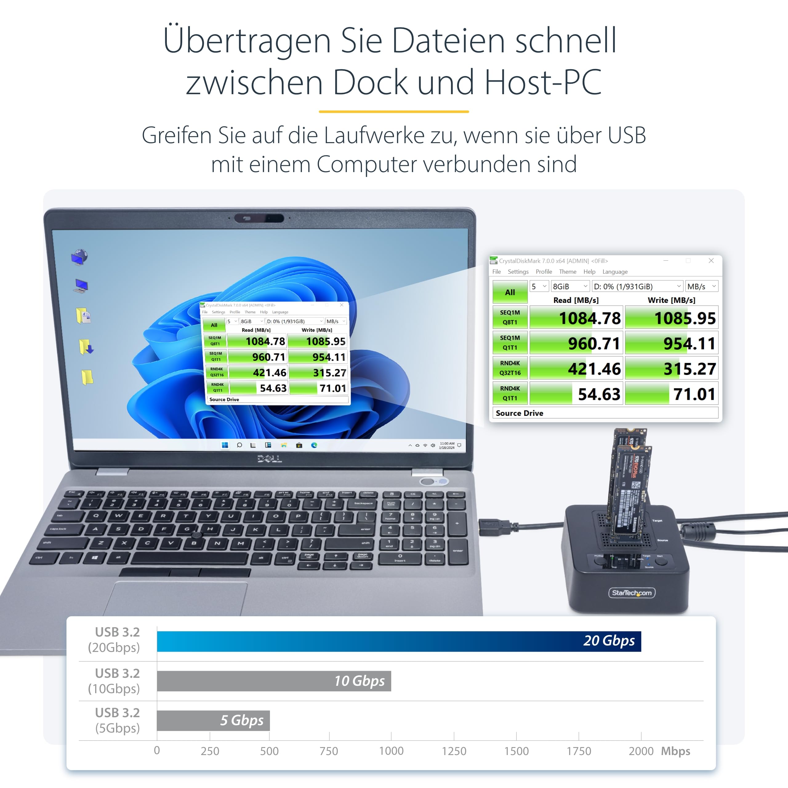 StarTech.com 1:1 M.2 NVMe Kopierstation, 90GB/m Unabhängiger PCIe SSD Duplicator/Clone Station, USB-C 20Gbps Dual-Bay Dock