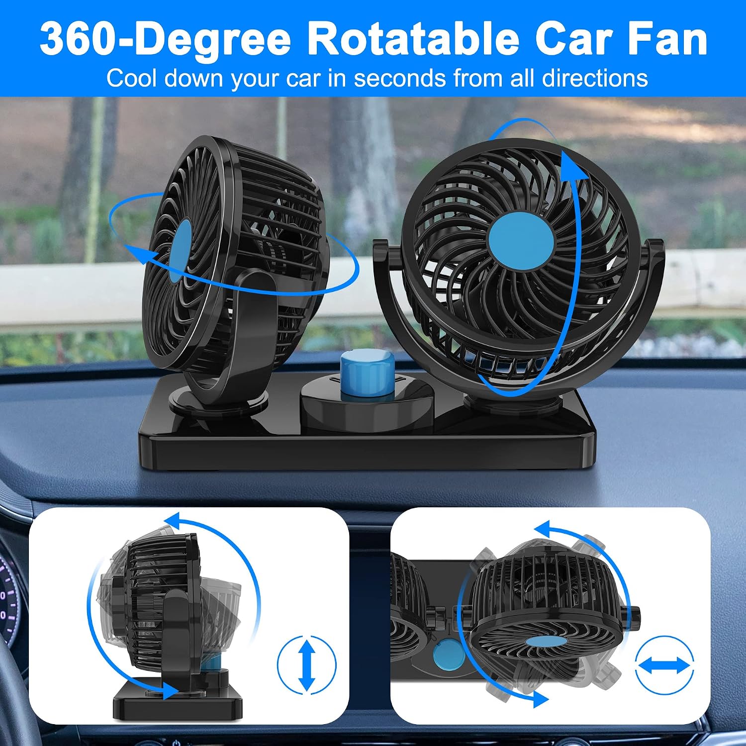 FiveJoy 360 Degree Rotatable Car Fan - 12V DC Electric 2 Speed Dual Head Fans, Quiet Strong Dashboard Cooling Air Circulator Fan for Sedan SUV RV Boat Auto Vehicles Golf or Home