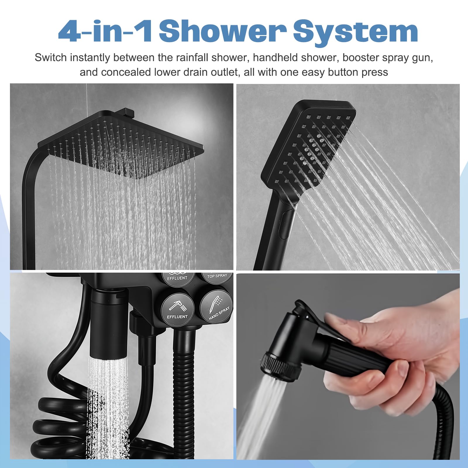 Columna de Ducha Termostática, Columna Ducha Negra con Grifo y Pantalla LED, Duchas de Baño Columna Bañera Altura Ajustable, Set Ducha 4 Modos Alcachofa de Ducha, Chorro, Grifo, Ducha Lluvia 30 x 20cm