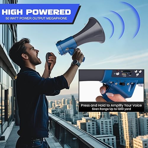 Miniatura 23 de MyMealivos 50W Bluetooth Megaphone with Rechargeable Battery-Professional Bullhorn with Siren&240s Recording Supports USB/SD/3.5mm Aux-1600ft Range