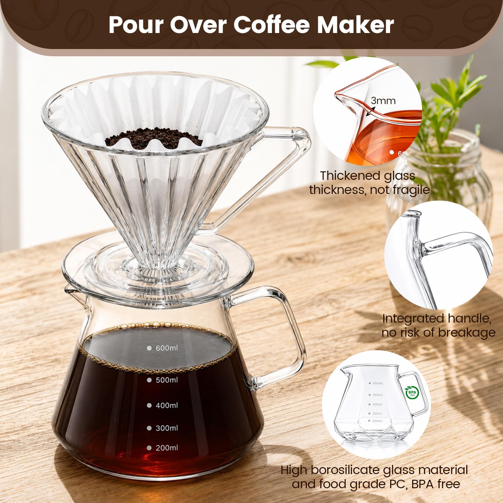 Cafetera de café con jarra de vidrio de borosilicato de 600 ml y tapa de vidrio, 50 filtros de papel, cuchara, taza de café, para amantes del cafe manual, cafetera 2-4 tazas