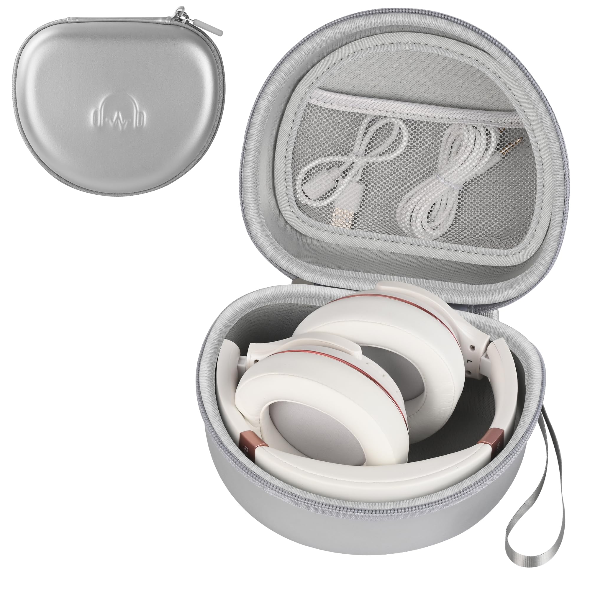Funda rígida para auriculares JLab JBuds Lux ANC/Raycon The Everyday, color plateado | Funda de transporte plegable para auriculares sobre la oreja, bolsillo de malla, carcasa rígida de EVA