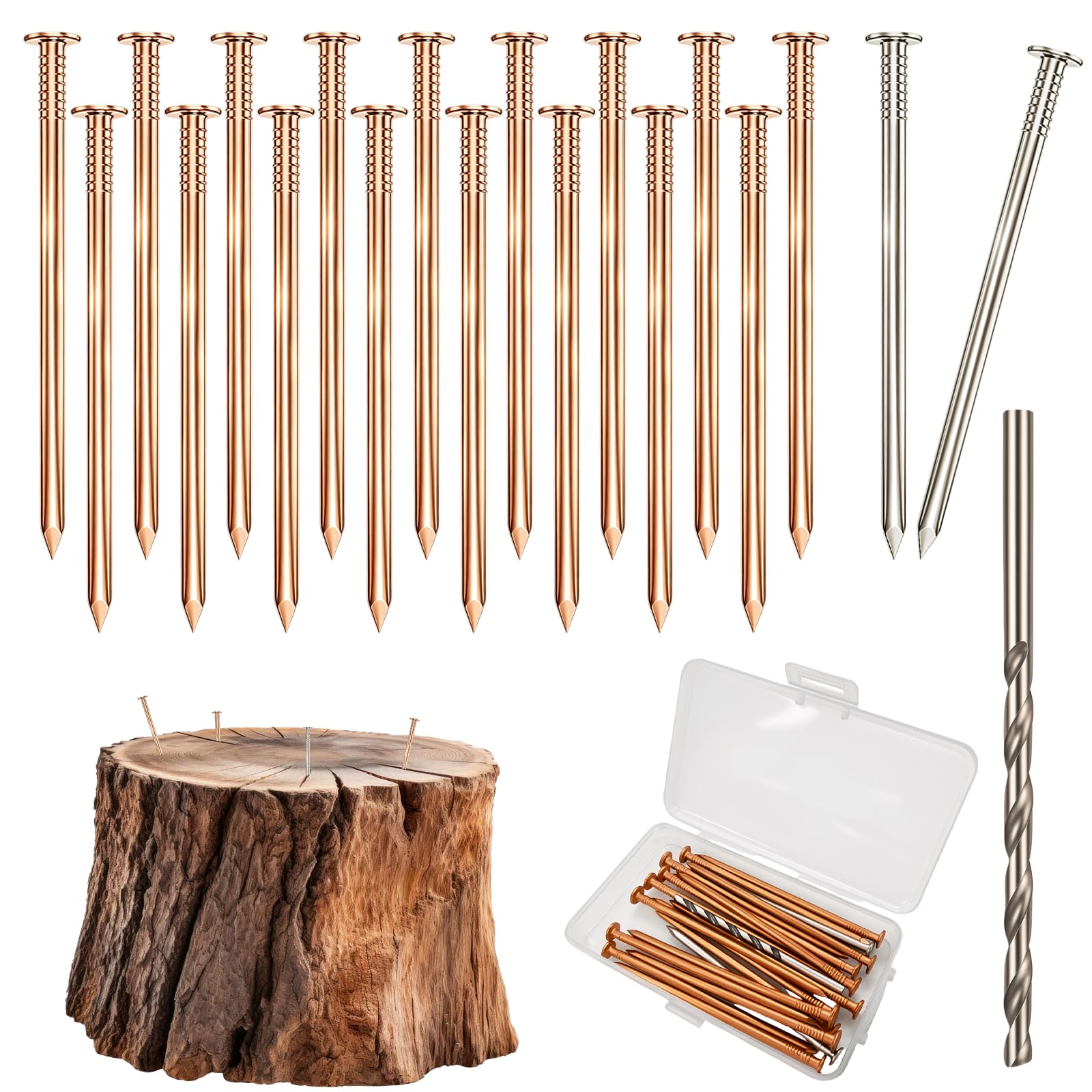 SHAOWENCB 17 Pcs Copper Nails to Kill Tree Stump, 80mm Copper Tree Stump Killer Nails, Root Killer with 1 Drill Bit and 2 Steel Nail for Stump Removal Garden Tool Set
