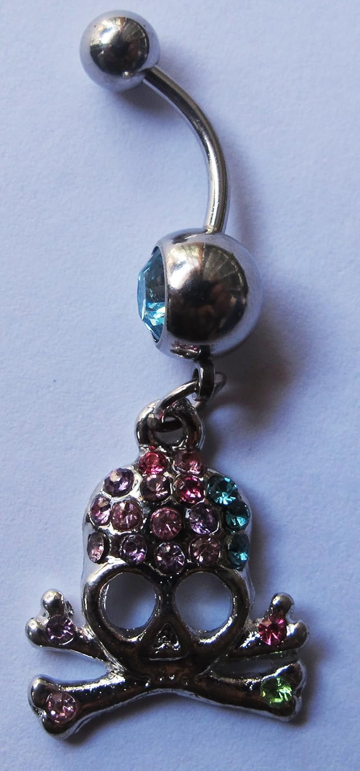 Dangle long belly button ring Navel bar Skull Crystal 14