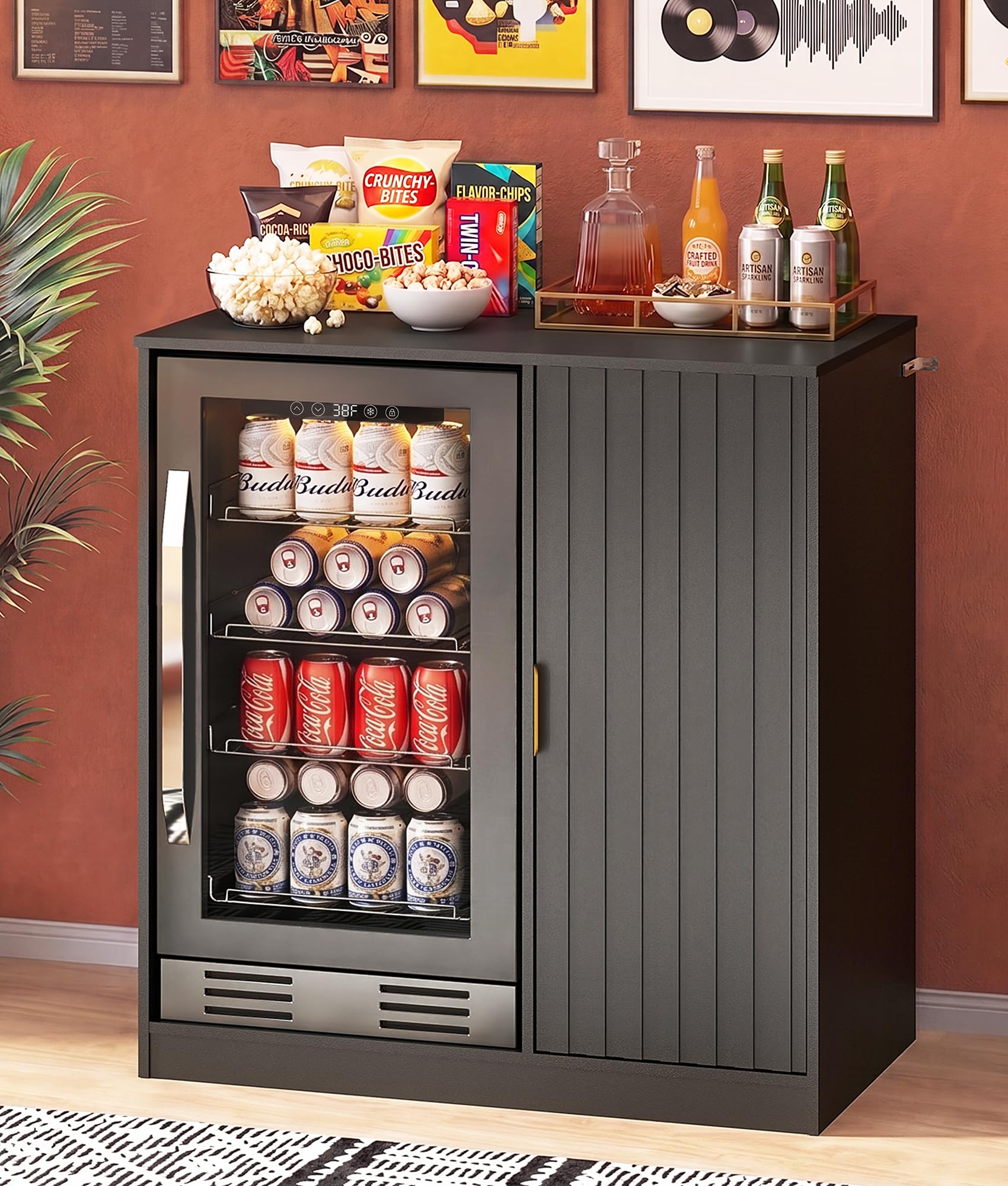 Lamtor Mini Coffee Bar Cabinet with Fridge Space - 37" Snack Bar Cabinet with Power Outlet, Fluted Coffee Station with Storage & Adjustable Shelf for