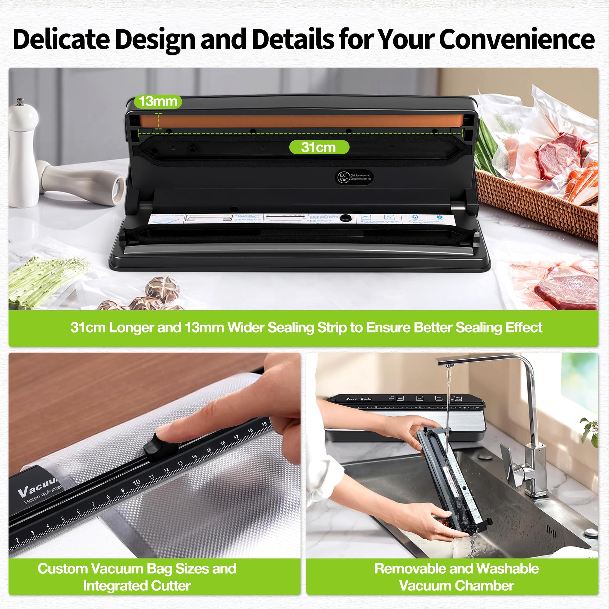 DeeprBetter Domestica Envasadora al Vacío Alimentos, 90kPa con Doble Bomba | Embasadoras Vacio Alimentos Secos&Húmedos, Todo en 1 Maquina Envasar al Vacio Alimentos con 13mm Sellado Ampliado, 15 Bolsas
