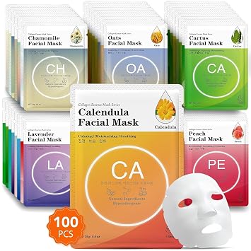 VESPRO 100 Pack Collagen Essence Sheet Facial Masks, Bulk Face Masks Skincare, Hydrating Face Masks for All Skin Types, Moisturizing and Soothing, Skin Care Spa Face Mask