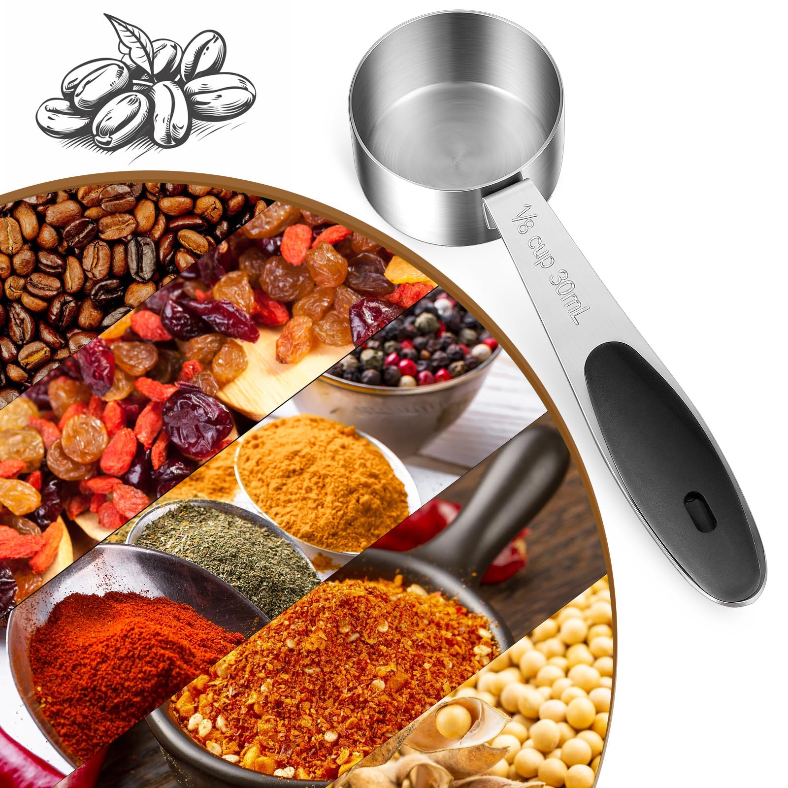 Oruola 2 Stück Kaffeelöffel Portionierer,Edelstahl Kaffeemesslöffel,1/8 Kaffeelöffel Tasse Messbecher,2 EL Kaffee Messlöffel,30 Ml Kaffeedosierlöffel mit Schwarzem Silikongriff