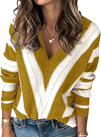 PRETTYGARDEN Sweaters for Women 2025 Long Sleeve Striped Knitted V Neck Pullover Jumper Tops Fall Outfits Fashion Clothing