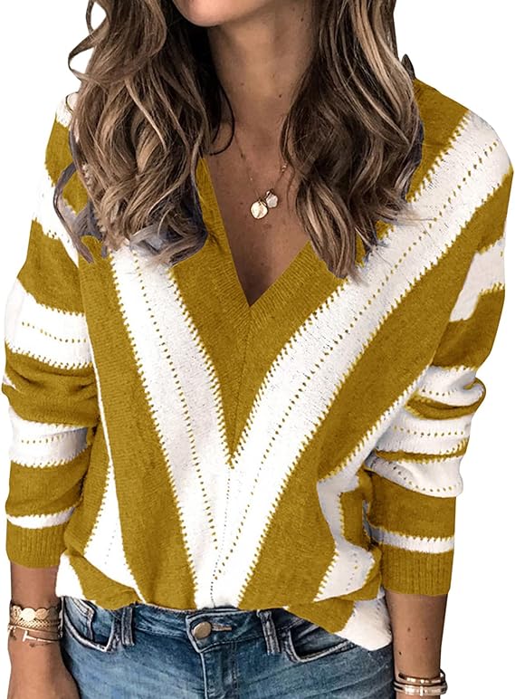 PRETTYGARDEN Sweaters for Women 2025 Long Sleeve Striped Knitted V Neck Pullover Jumper Tops Fall Outfits Fashion Clothing