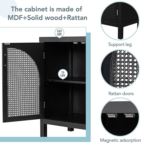 Miniatura 6 de LZ LEISURE ZONE Gabinete de almacenamiento moderno con puerta de ratán artificial, aparador para sala de estar, entrada, cocina, color negro