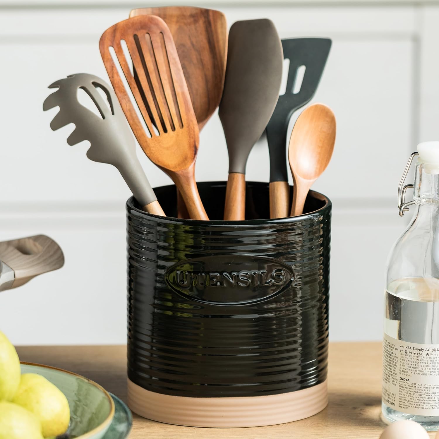 YHOSSEUN Black Utensil Holder for Kitchen Counter, Cooking Utensil Holder Large Spatula Holder, Oval Crock for Kitchen Tools Utensil Caddy