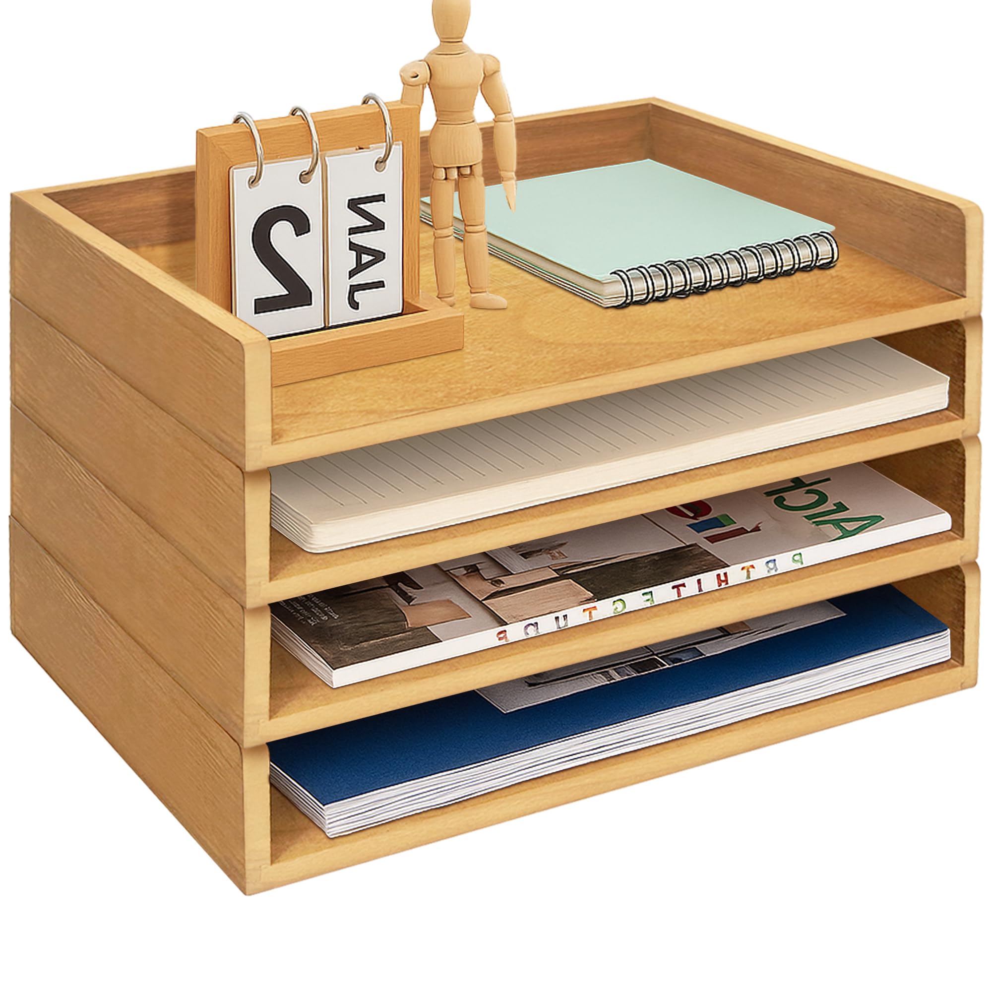 Prolee Organizador de bandeja de papel apilable para escritorio, soporte de papel de madera y bandeja para cartas con estantes de 4 niveles, organizador de escritorio para estudio y hogar (roble)