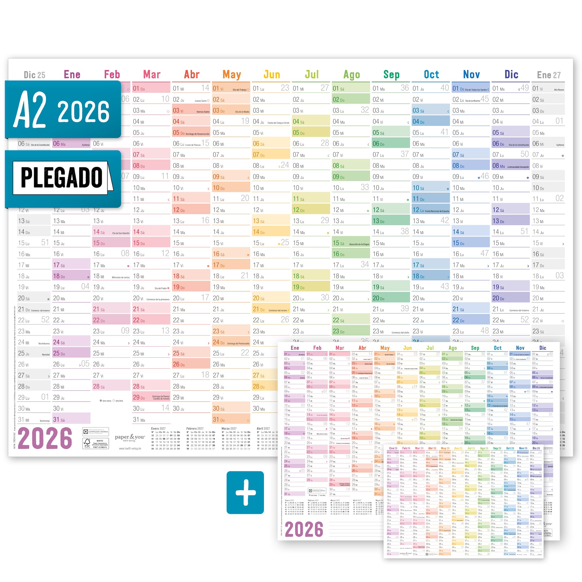 Häfft® kalendarz ścienny 2026 A2 w języku hiszpańskim "Rainbow" (59,4 x 42 cm) składany, planer ścienny z hiszpańskimi świętami państwowymi + dodatkowy kalendarz A3 i A4 - zrównoważony i przyjazny