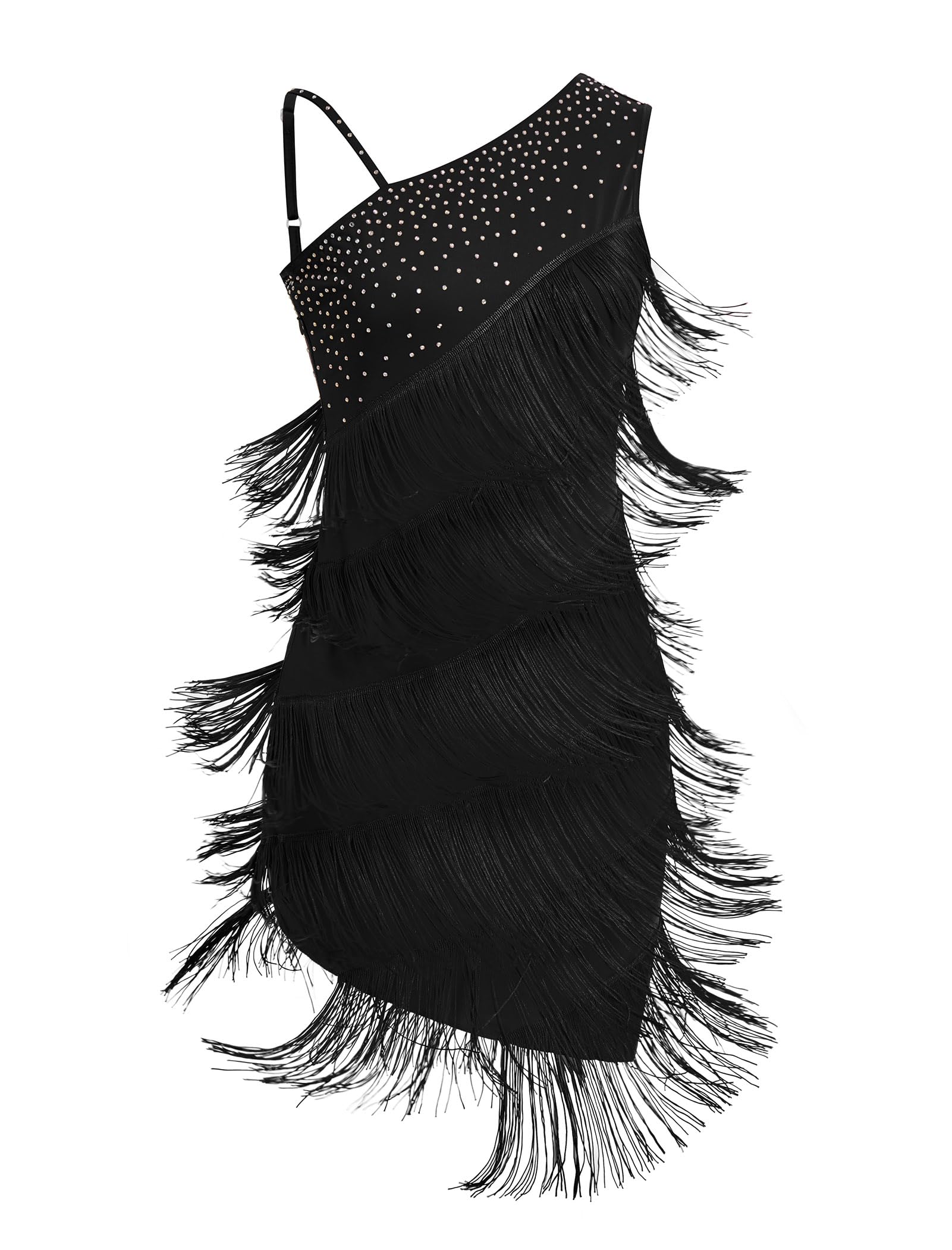 Damen Asymmetrisch Eine Schulter Strass Fransen Latin Dance Kleid 1920s Pailletten Quaste Flapper Kleider Salsa Cha-Cha Ballroom Dance Kostüm