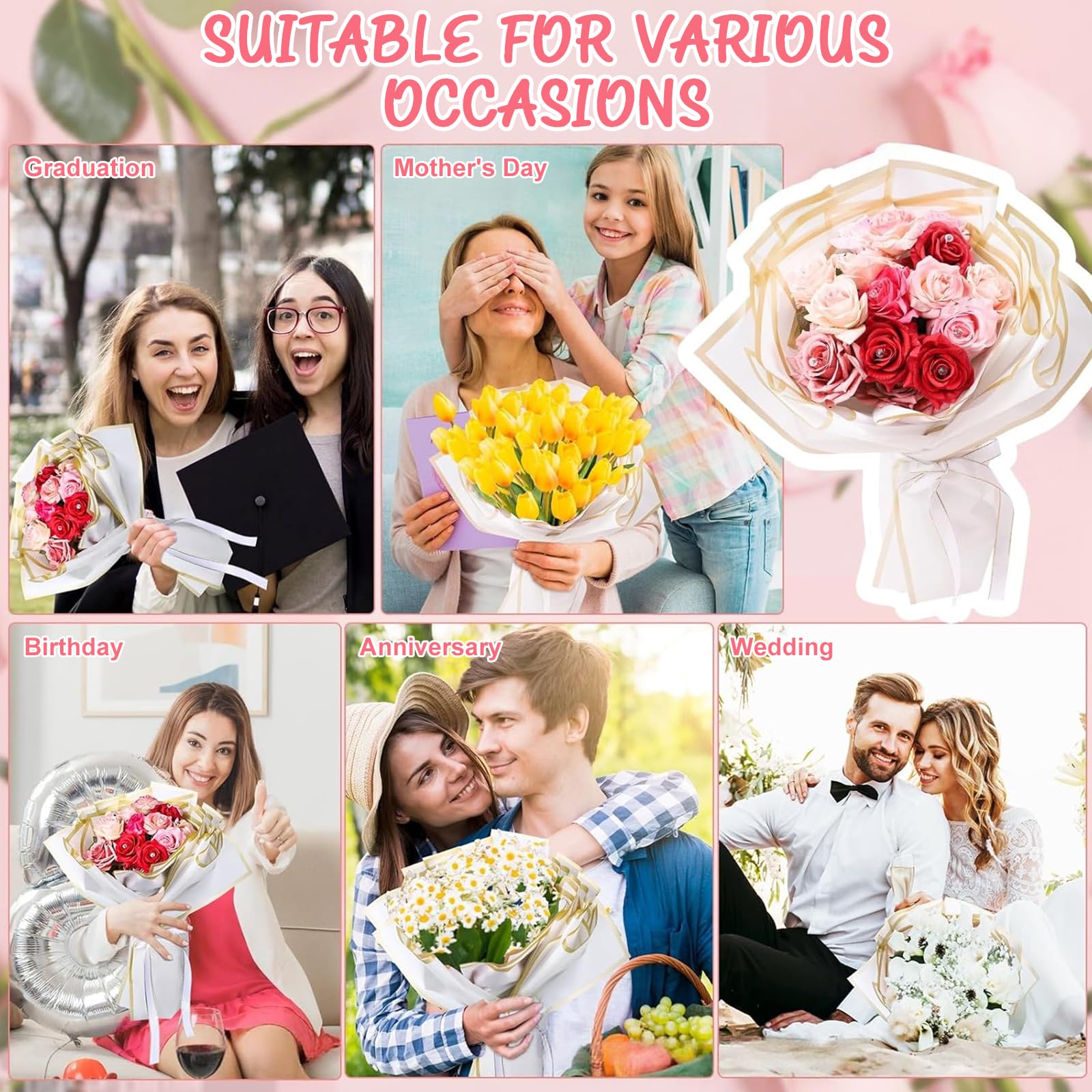 weiclianhp 20 Hojas Papel de Envolver Flores Impermeable con Borde Dorado, 10 Blanco + 10 Rosa, 58x58 cm, para Ramos de Flores, Regalos de Cumpleaños y Eventos