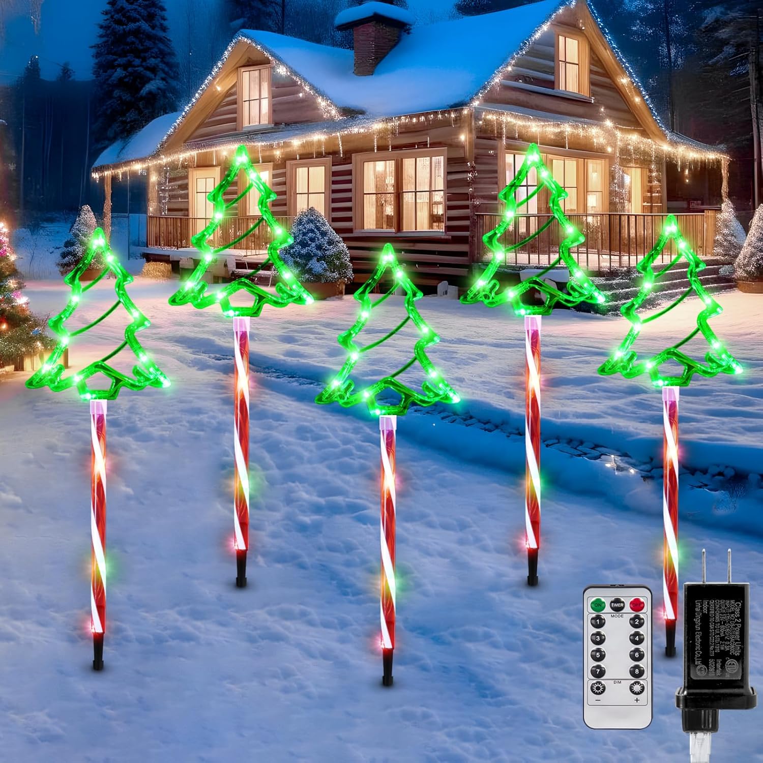 5 Pack Plug in Christmas Pathway Lights Outdoor Decorations with Timer, 8 Modes Green Lighted Xmas Tree Candy Waterproof Led Garden Stake Lights for Walkway Yard Lawn Porch Holiday Decor