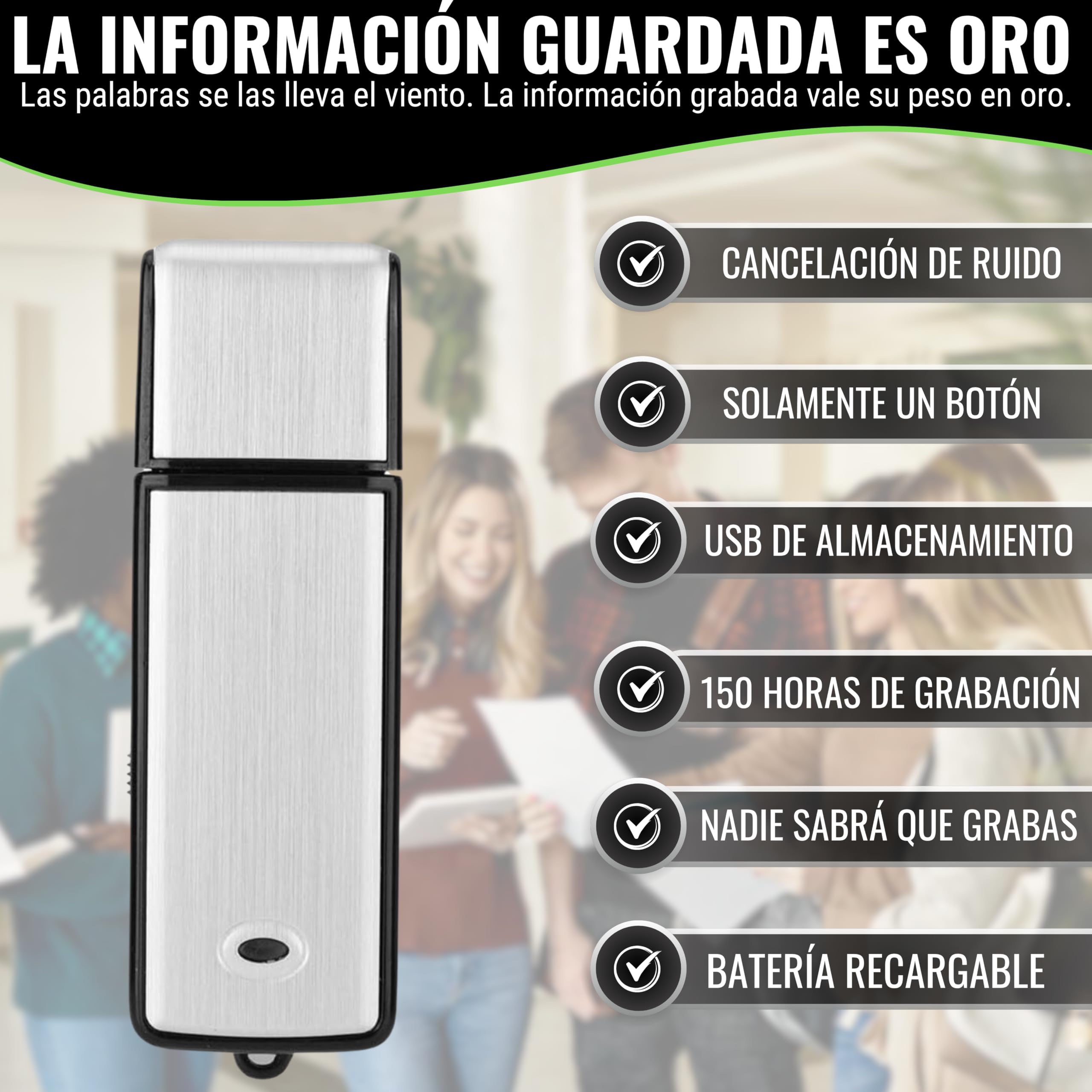 Grabadora de Voz Digital USB, Mini Grabadora de Voz Espia de 8 GB, Grabadora de Voz Pequeña Espía USB para Reuniones, Entrevistas, Conferencias, Clases, con Memoria para Varias Horas de Grabación N3