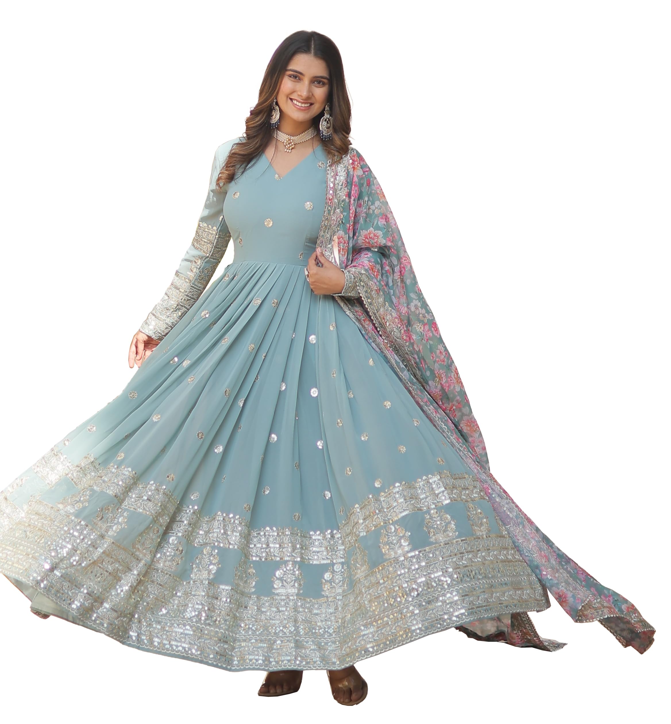 Fashion Basket Gergette Embroidered Long Anarkali Sky Blue