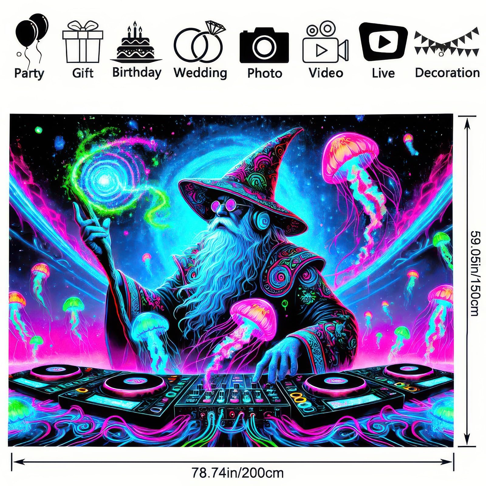 Amazon.com: BlissYard Wizard Blacklight DJ Tapestry 78x59 inch UV