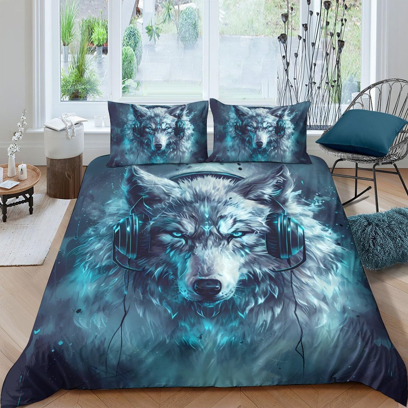TUFRTGYHN 3D Printed Blue Wolf Duvet Cover Microfiber Soft Breathable Night Forest Bedding Set with 2 Pillowcases for Bedroom Decor Single（135x200cm）