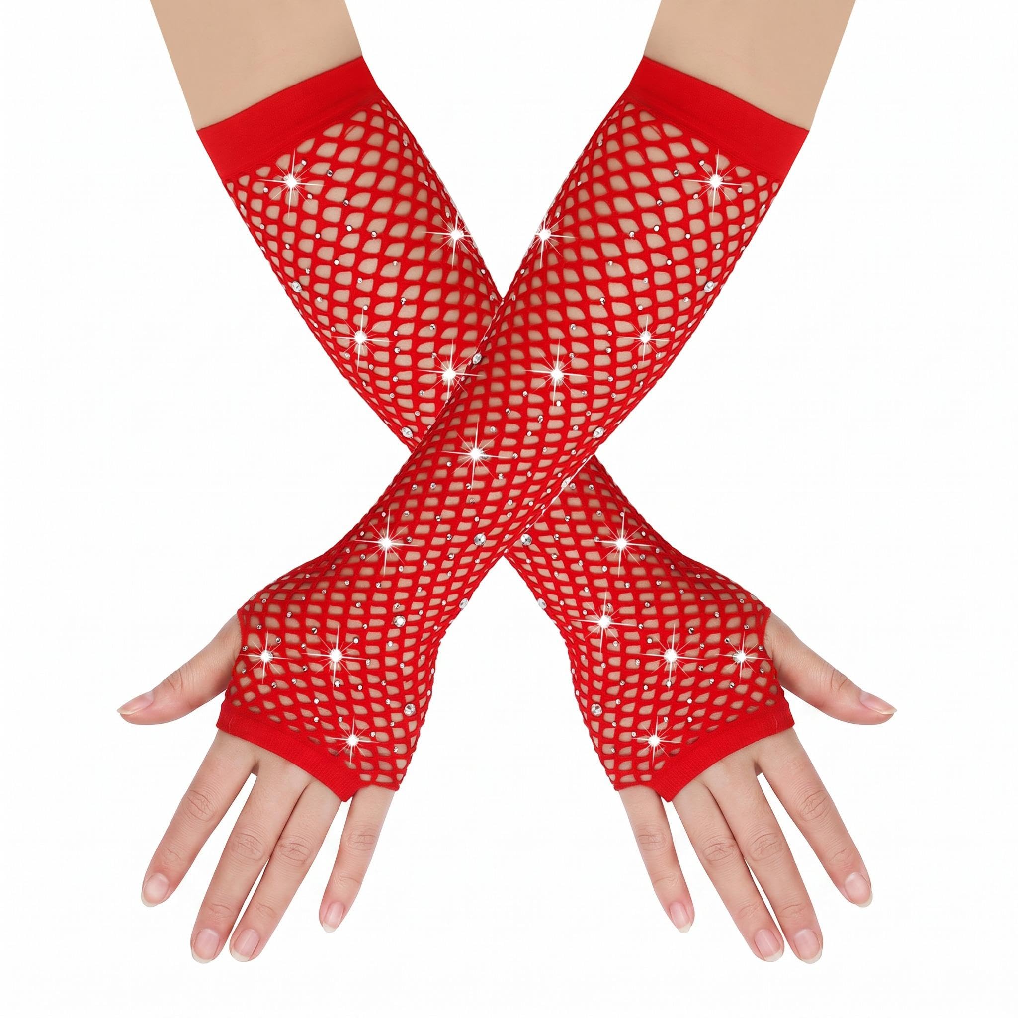 FEWOFJ Rhinestone Fingerless Fishnet Gloves 80s Costume Halloween for Women Red