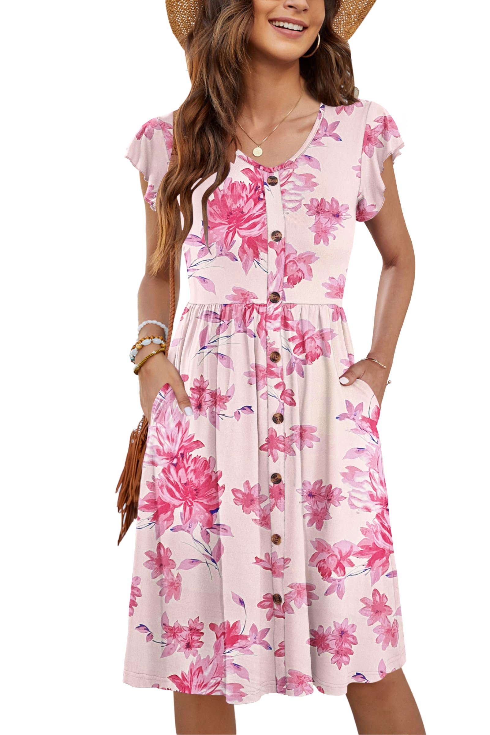 MOLERANI Damen Sommerkleider Rüschen Ärmel V-Ausschnitt Casual Swing Elastische Taille Midi Kleid mit Taschen S-2XL