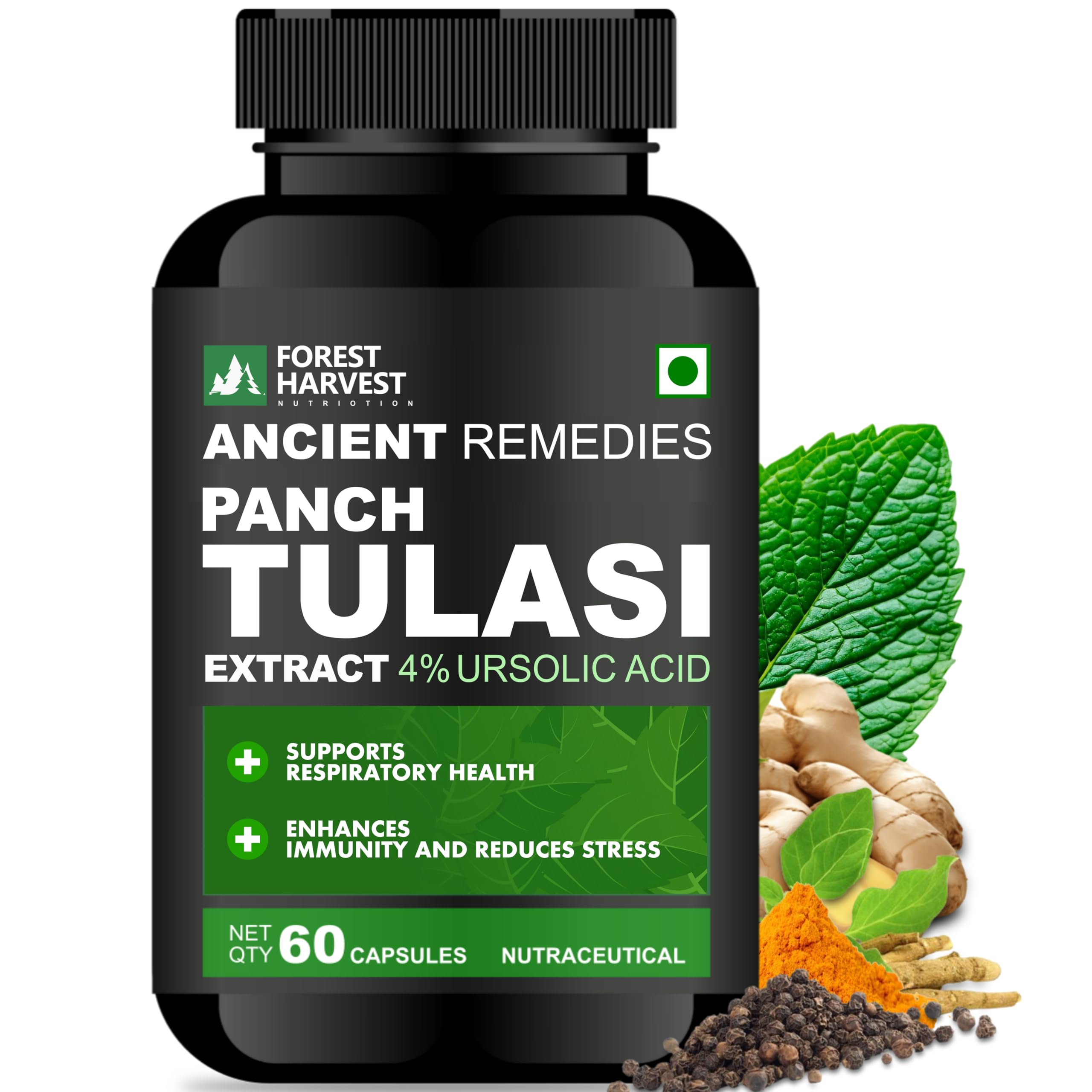 Forest Harvest Panch Tulasi Extract (4% Ursolic Acid) with Curcumin Complex, Ashwagandha Root Extract, Ginger Extract & Piperine | 1000 mg Per Serving | 60 Capsules | Supports Immunity & Inflammation-picture-37