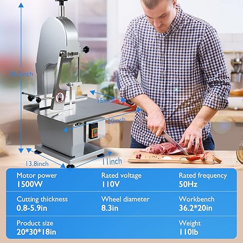Miniatura 6 de Máquina eléctrica de sierra de hueso de carne de 1500 W, máquina de corte de carne congelada, rango de grosor de 0.79 a 4.33 pulgadas, altura máxima