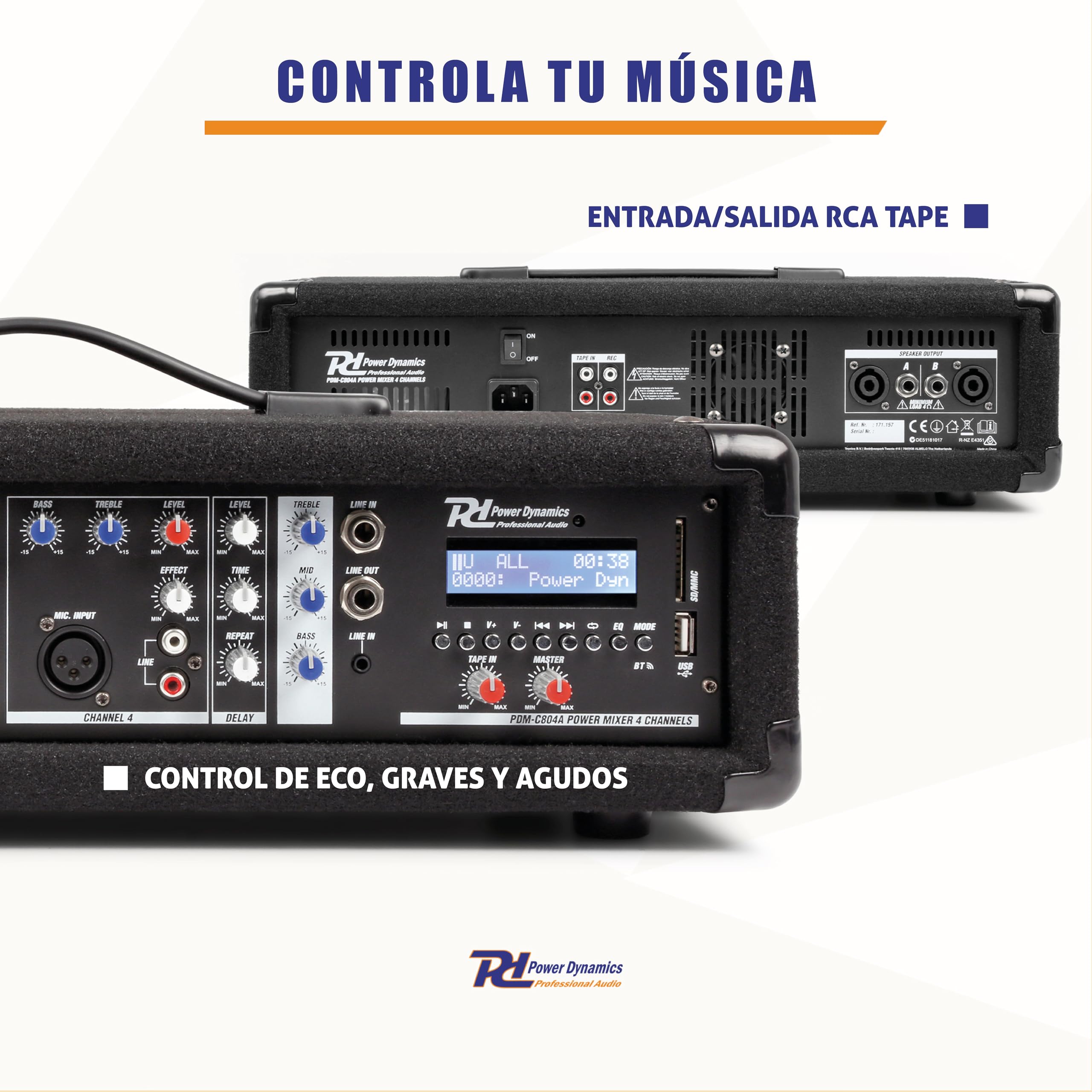 Vonyx VPS082A - Sistema de Sonido PA 800W con Mezclador Amplificado de 8 Canales, Bluetooth, Altavoces pasivos de 8” y trípodes incluidos, Ideal para músicos, DJs y presentaciones en Directo
