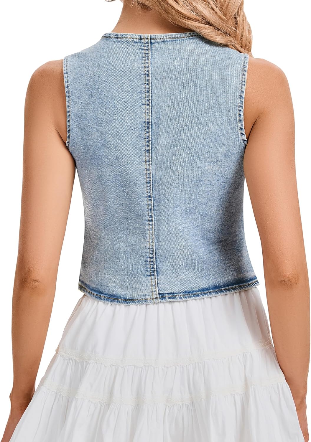 Genhoo Denim Vest Sleeveless Jean Vest Top for Women V Neck Button Down Cropped Denim Top with Pockets - Image 5